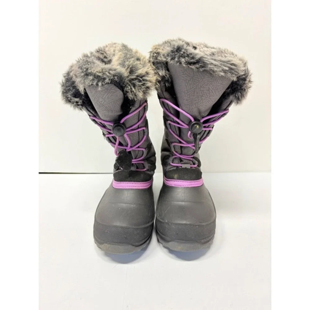 Kamik Winter Boots Kids Size 2 Gray Purple Faux Fur Trim Waterproof Quilted
